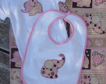 Pink elephant gift set for a baby girl onesie and bib pink brown tan
