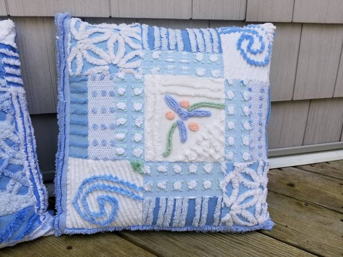 Vintage Chenille Pillow Sham Blue Flowers Teal Aqua Blue Etsy