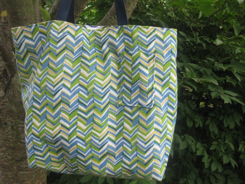 Diapers REVERSIBLE Bridesmaids Knitting Large Beach Bag chevron blue green navy turquoise yellow white for Books