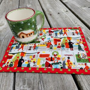 Christmas mug rugs small placemat snack mat small table topper retro scene Santa department store "Merry Main Street" Alexander Henry fabric image 3