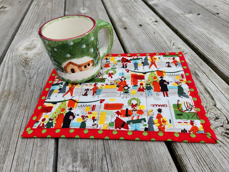 Christmas mug rugs small placemat snack mat small table topper retro scene Santa department store "Merry Main Street" Alexander Henry fabric image 3