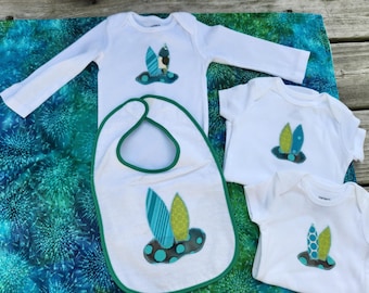 SURFER Gift Set AQUA or BLUE baby boy surf surfboard batik blanket teal