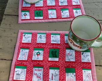 Christmas mug rugs large coaster small placemat table topper retro NYC brick wall window scenes