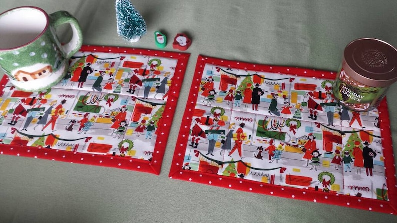 Christmas mug rugs small placemat snack mat small table topper retro scene Santa department store "Merry Main Street" Alexander Henry fabric image 6