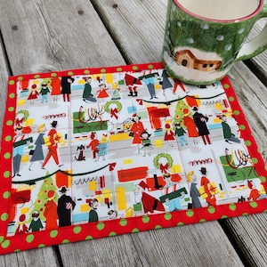 Christmas mug rugs small placemat snack mat small table topper retro scene Santa department store "Merry Main Street" Alexander Henry fabric image 1