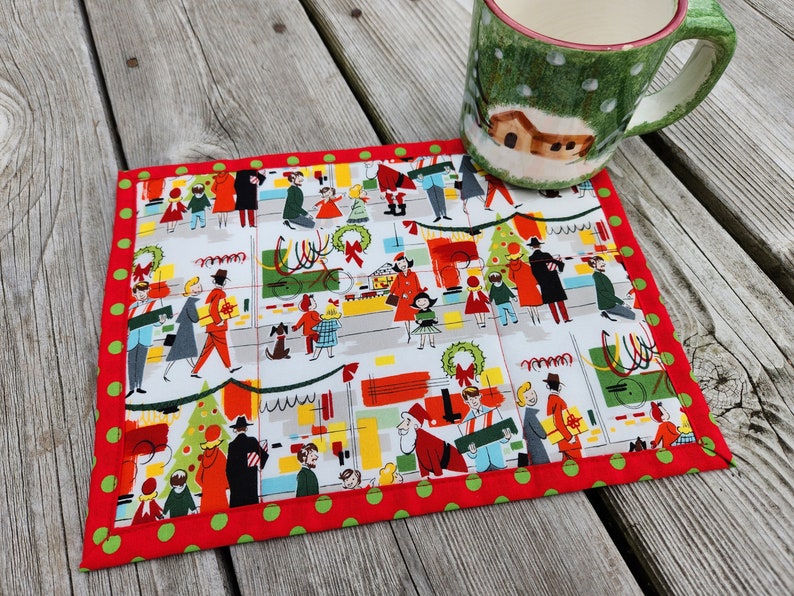 Christmas mug rugs small placemat snack mat small table topper retro scene Santa department store "Merry Main Street" Alexander Henry fabric image 1
