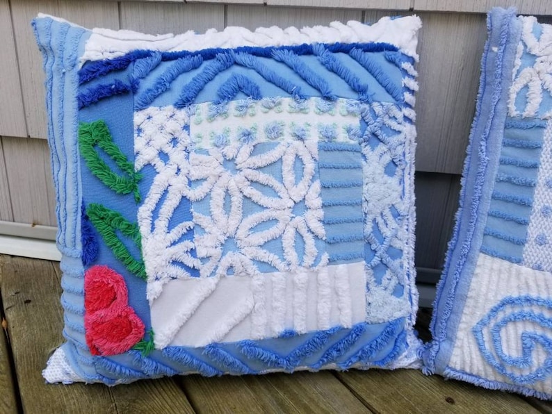 Vintage Chenille Pillow Sham Blue Flowers Teal Aqua Blue Etsy