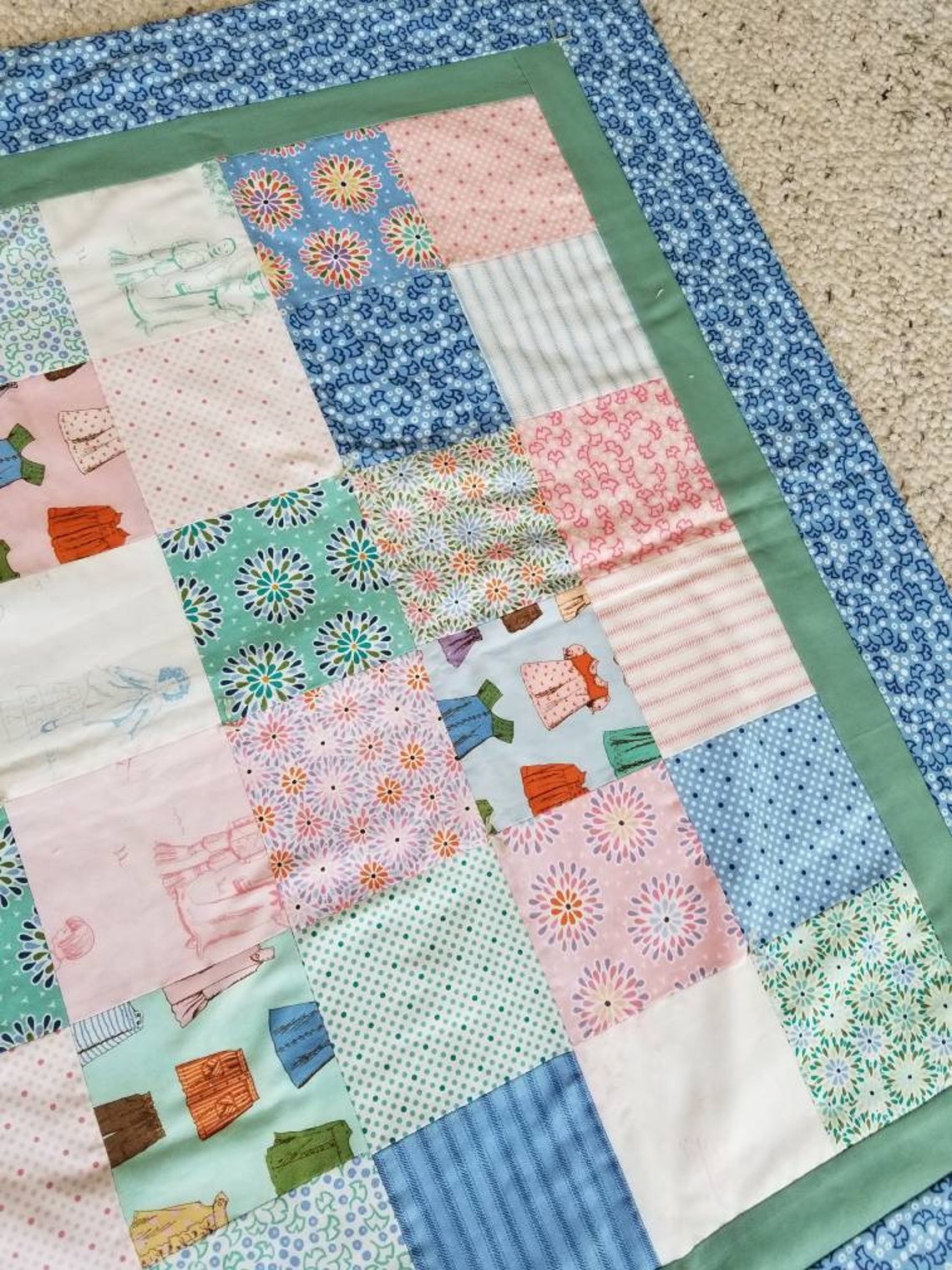 ON SALE Blue green crib quilt baby gift patchwork Cape Ann Etsy