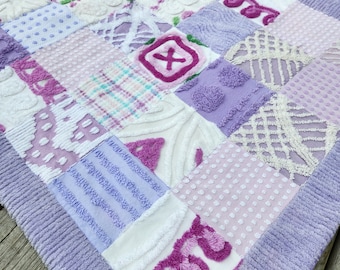 Chenille quilt from vintage bedspreads in purple and white upcycled shabby decor cottage chic baby blanket Handmade