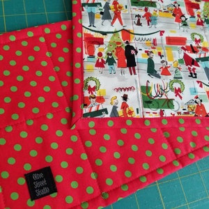 Christmas mug rugs small placemat snack mat small table topper retro scene Santa department store "Merry Main Street" Alexander Henry fabric image 4
