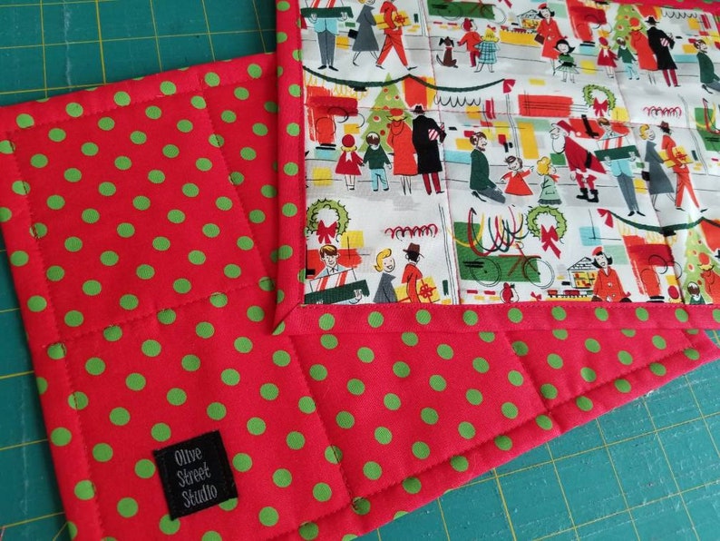 Christmas mug rugs small placemat snack mat small table topper retro scene Santa department store "Merry Main Street" Alexander Henry fabric image 4