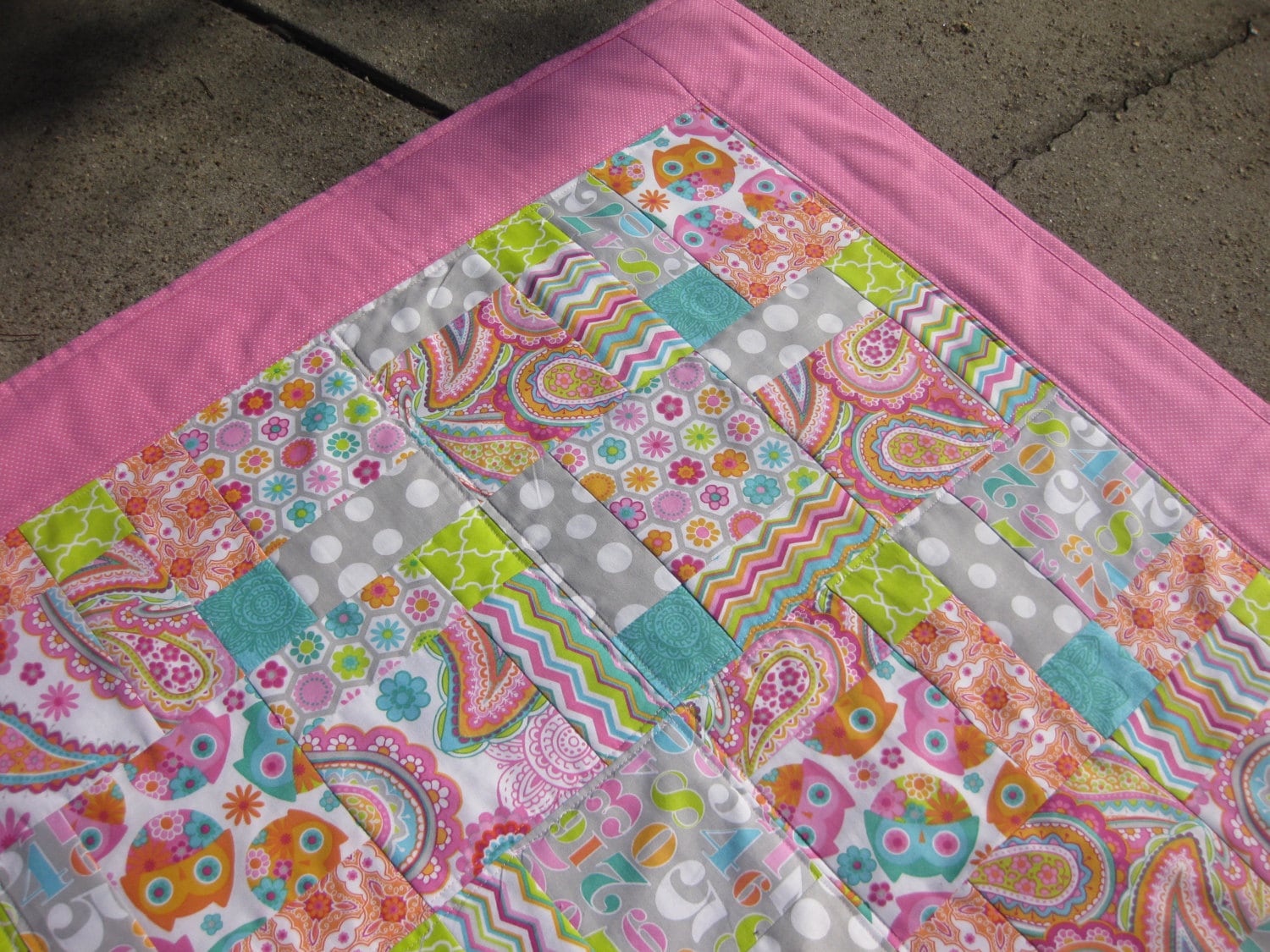ON SALE Pink gray girl quilt paisley owl polkadot numbers aqua lime green orange