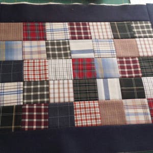 Puede incluir: Una colcha de retazos con un borde azul marino. La colcha est&aacute; hecha de varias telas a cuadros en tonos de azul, rojo y blanco.