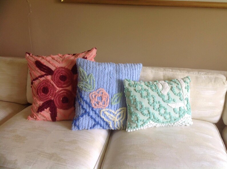 Vintage chenille pillow sham blue flowers teal aqua blue Etsy