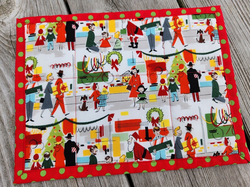 Christmas mug rugs small placemat snack mat small table topper retro scene Santa department store "Merry Main Street" Alexander Henry fabric image 2