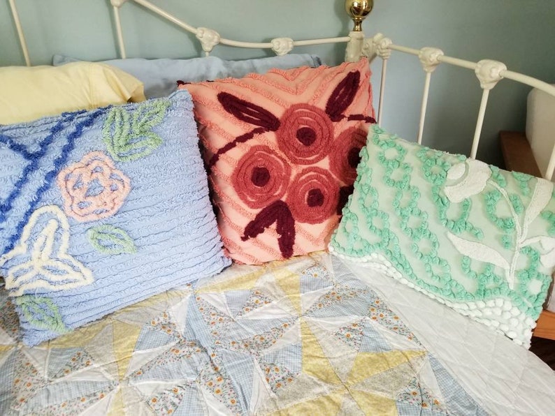 Vintage Chenille Pillow Sham Blue Flowers Teal Aqua Blue Etsy