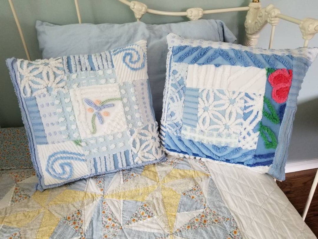 Vintage Chenille Pillow Sham Blue Flowers Teal Aqua Blue Shabby Home