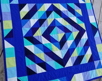 Blue square geometric quilt in solid blues throw quilt, lap blanket, wall hanging