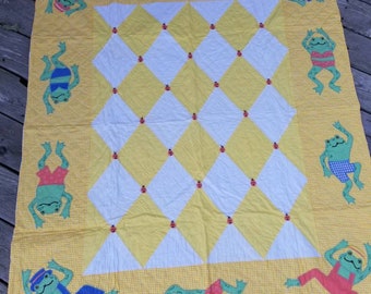 Frogs in Bathing Suits Quilt yellow and white wallhanging kids quilt