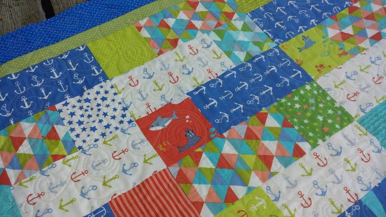 Beach Quilt Blue Blanket Beach House Decor Coral Green Teal Aqua Anchor Whale Shark Jellyfish Boy Quilt Reef Fabric
