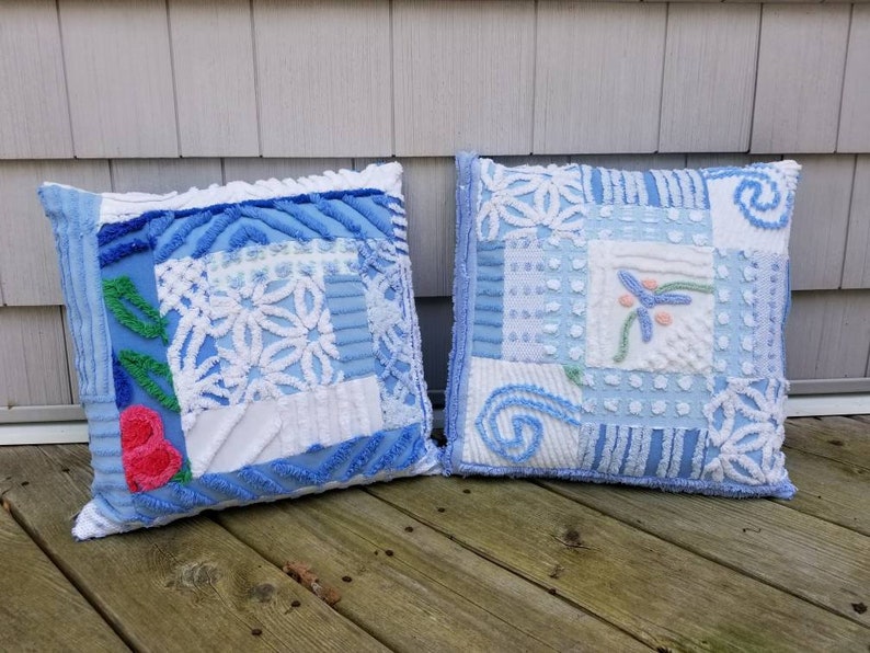 Vintage chenille pillow sham blue flowers teal aqua blue Etsy