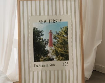 New Jersey Stamp Art Print - Jersey Shore Lighthouse Watercolor Digital Download