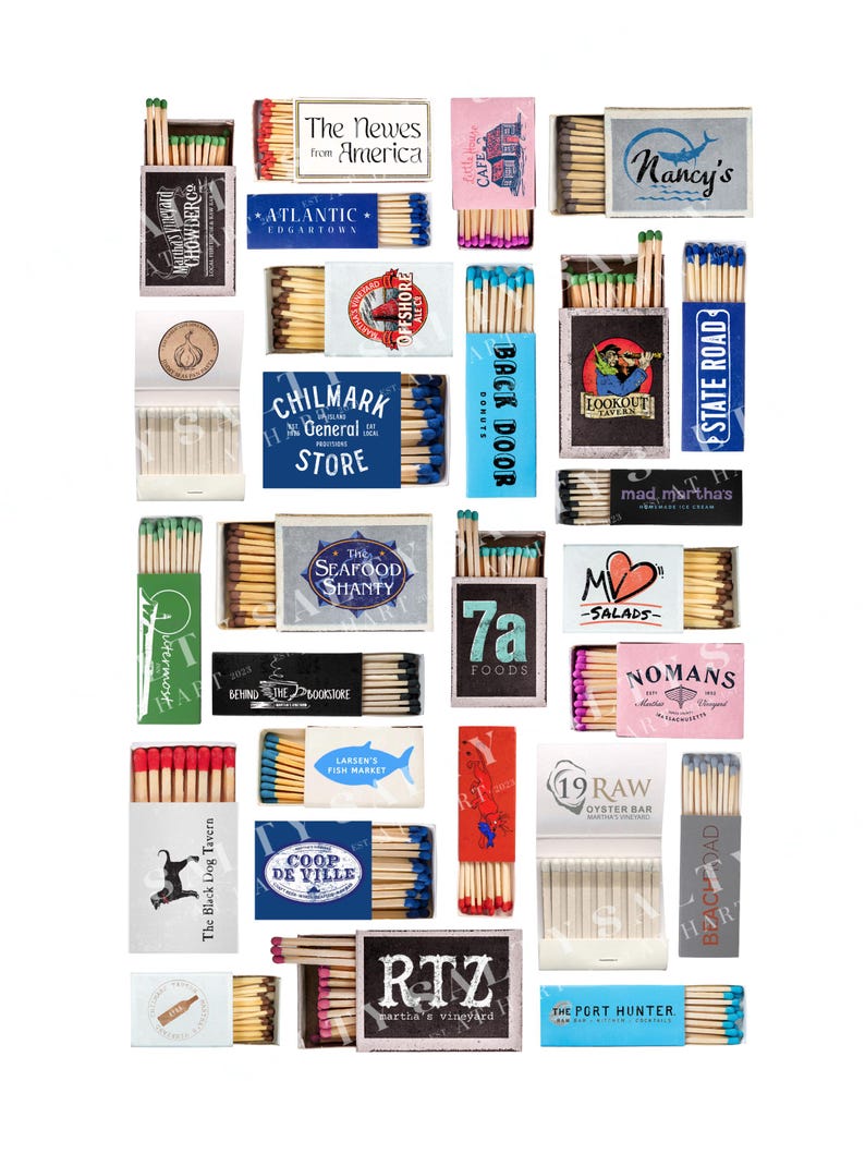 May include: A collection of 20 matchboxes with various designs and names. The matchboxes are arranged in a grid pattern on a white background. Some of the matchboxes feature text such as "The Newes from America", "CHILMARK", "BACK DOOR", "STATE ROAD", "mad, martha's", "The SEAFOOD SHANTY", "7a FOODS", "NOMANS", "19 RAW OYSTER BAR", "COOP DE VILLE", "RTZ artha's vineyard", and "THE PORT HUNTER".