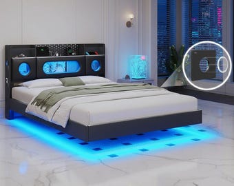LED Floating Bed Frame, Modern Platform Bed with Charging Station
