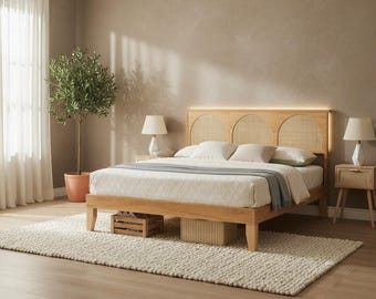 Boho Rattan Bed Frame with Storage, Wooden Platform Bed with RGB LED Headboard, Solid Wood No Box Spring Needed