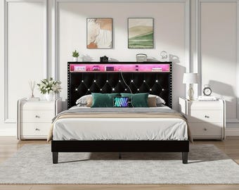 LED Bed Frame with Storage Headboard, Velvet Upholstered Platform Bed with Charging Station, Diamond Tufted Modern Bed