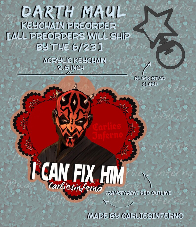 Może przedstawiać: Brelok akrylowy Darth Maul w przedsprzedaży, 6,35 cm. Zawiera czerwono-czarną grafikę Darth Maula z napisem "I Can Fix Him". Zawiera czarne zapięcie w kształcie gwiazdy i przezroczysty czerwony kontur. Wykonane przez CarliesInferno.