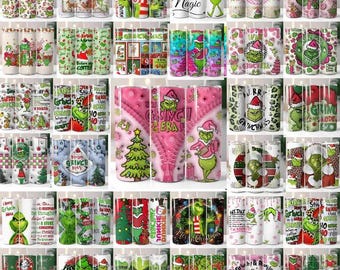 May include: A collection of cylindrical tumblers featuring various printed designs of the green Grinch character, Christmas trees, holiday ornaments, and festive text. Each tumbler displays colorful patterns with holiday themes and character graphics.