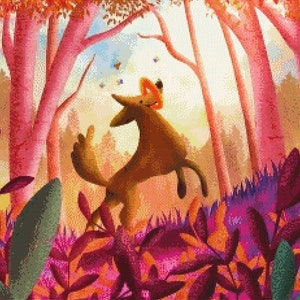 Mini Dog in the woods cross stitch pattern, PDF pattern, digital design