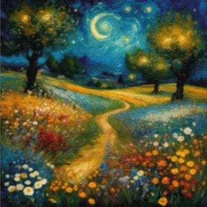 Magic flower meadow at night cross stitch pattern, full coverage cross stitch pattern, digitial cross stitch design
