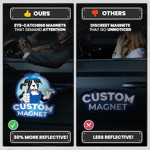 Puede incluir: Comparaci&oacute;n de dos imanes de coche personalizados. El im&aacute;n de la izquierda es m&aacute;s reflectante y presenta un perro de dibujos animados con una gorra azul y un mono con el texto "Custom Magnet". El im&aacute;n de la derecha es menos reflectante y presenta el texto "Custom Magnet" en un dise&ntilde;o azul y blanco.
