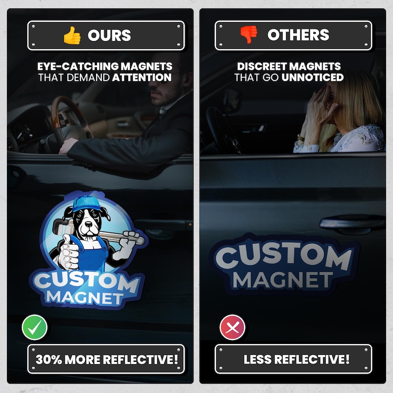 Puede incluir: Comparaci&oacute;n de dos imanes de coche personalizados. El im&aacute;n de la izquierda es m&aacute;s reflectante y presenta un perro de dibujos animados con una gorra azul y un mono con el texto "Custom Magnet". El im&aacute;n de la derecha es menos reflectante y presenta el texto "Custom Magnet" en un dise&ntilde;o azul y blanco.