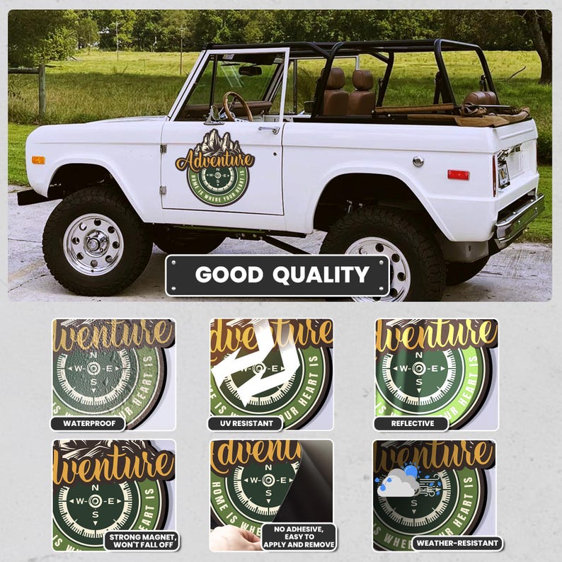 Puede incluir: Un Jeep blanco con una pegatina de br&uacute;jula verde y dorada que dice "La aventura est&aacute; donde est&aacute; tu coraz&oacute;n". La pegatina est&aacute; en el lateral del Jeep. La pegatina tambi&eacute;n est&aacute; disponible en otros colores y estilos.