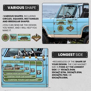 Puede incluir: Un coche azul con una variedad de imanes de coche personalizados. Los imanes son de diferentes formas y tama&ntilde;os, incluyendo c&iacute;rculos, cuadrados y rect&aacute;ngulos. Los imanes presentan temas de camping y aventura. El texto en los imanes dice "Summer Camping Canoe Trip", "Adventure Since", y "Campfire". El coche tambi&eacute;n est&aacute; decorado con una regla que muestra medidas en cent&iacute;metros. El texto "Longest Side" se muestra en un cuadro negro. El texto debajo del cuadro dice "Independientemente de la forma de su dise&ntilde;o, el tama&ntilde;o del im&aacute;n del coche est&aacute; fijado en el lado m&aacute;s largo de 10 cm/3,94 pulgadas, 20 cm/7,87 pulgadas, 30 cm/11,81 pulgadas, 40 cm/15,75 pulgadas o 50 cm/19,69 pulgadas."