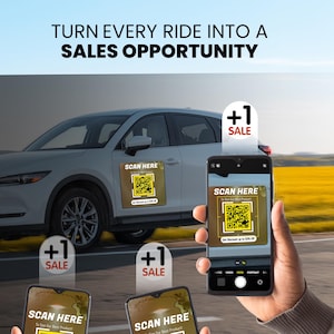 Puede incluir: Un coche blanco con una pegatina de c&oacute;digo QR en el lateral. La pegatina dice "Scan Here" y "Get Discount up to 50% Off". Una mano sostiene un tel&eacute;fono inteligente con el mismo c&oacute;digo QR en la pantalla. El texto en la pantalla dice "Scan Here" y "To See Our Best Product!"