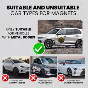 Puede incluir: Un diagrama que muestra la idoneidad de los tipos de autom&oacute;viles para los imanes. Un SUV blanco con una pegatina "Mountain Rusted" se considera adecuado porque tiene una carrocer&iacute;a de metal. Un Tesla blanco, un Smart gris y un autom&oacute;vil deportivo convertible blanco se consideran inadecuados porque tienen carrocer&iacute;as de aluminio, pl&aacute;stico y fibra de carbono, respectivamente.