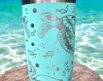 Sea Turtle Engraved YETI Tumbler,Laser Engraved Sea Turtles,Sea Turtle Scene,20 Oz Engraved Yeti,Ocean Scene Tumbler,Gift For Mom,Sea Turtle