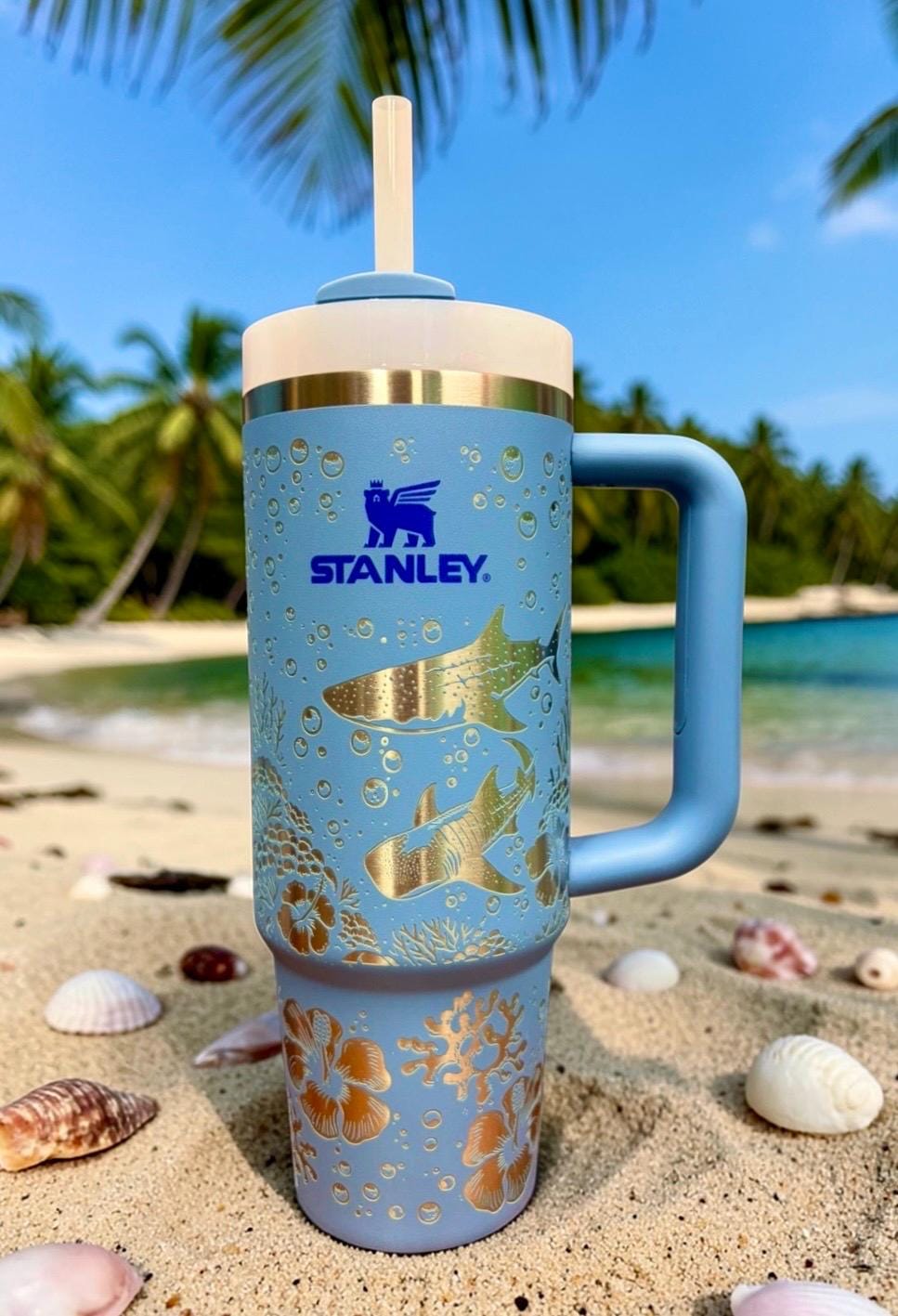Engraved Whale Shark Stanley Tumbler: Ocean Scene Hibiscus, 30/40