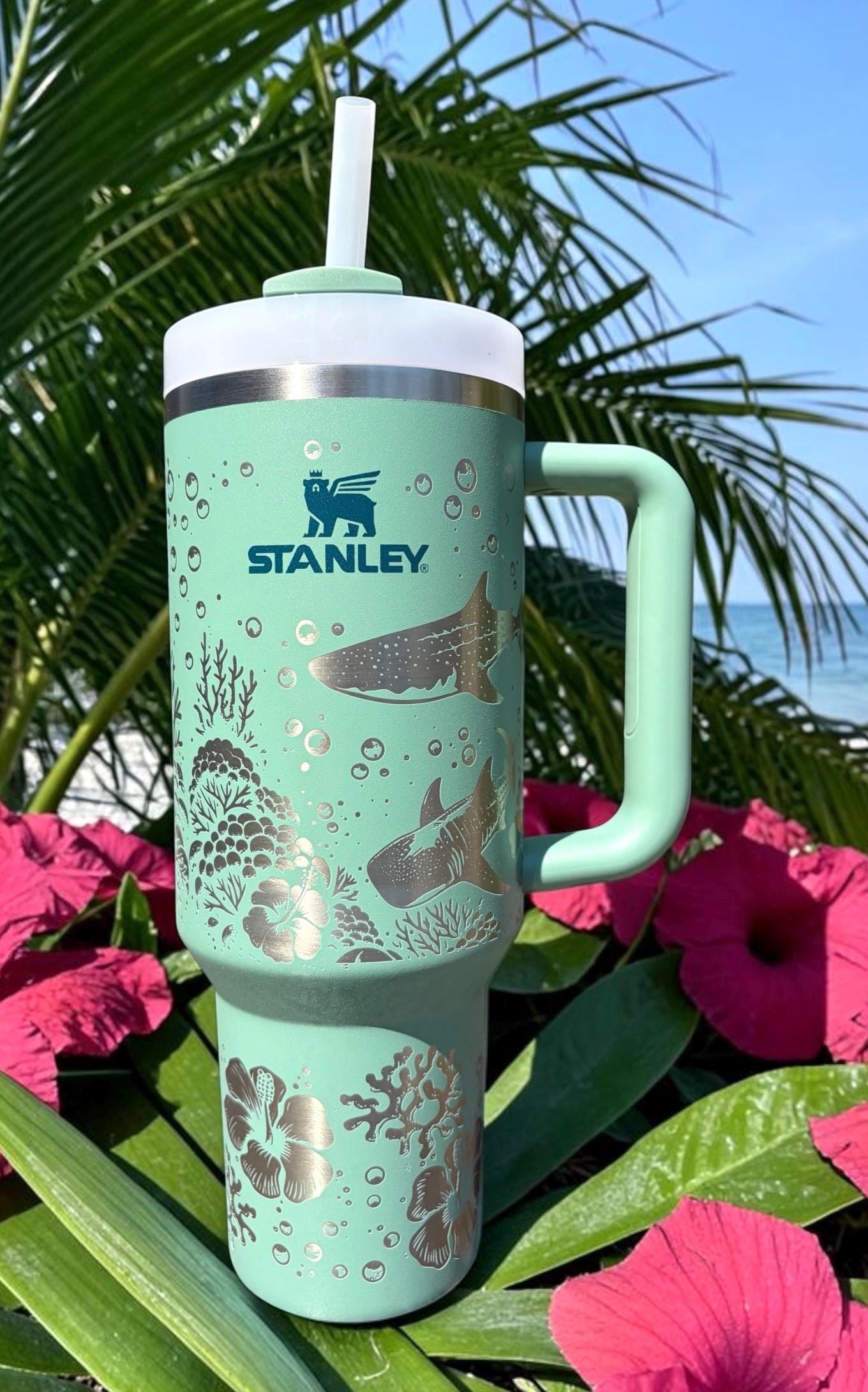 Engraved Whale Shark Stanley Tumbler: Ocean Scene Hibiscus, 30/40
