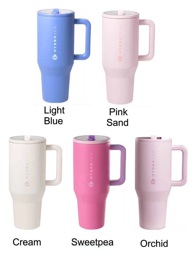 May include: A collection of insulated travel mugs in various colors, including light blue, pink, cream, and sweetpea. Each mug has a handle, a lid, and the "HYDROJUG" logo. The mugs are designed to keep beverages cold or hot.