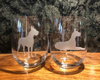 Free Shipping! Set of 2 or 4 Great Dane Wine Glasses,Etched Dog Wine Glasses,Stemless Great Dane Barware,Great Dane Gift ,Great Danes