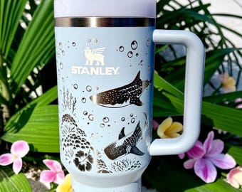 Engraved Whale Shark Stanley Tumbler: Ocean Scene Hibiscus, 30/40