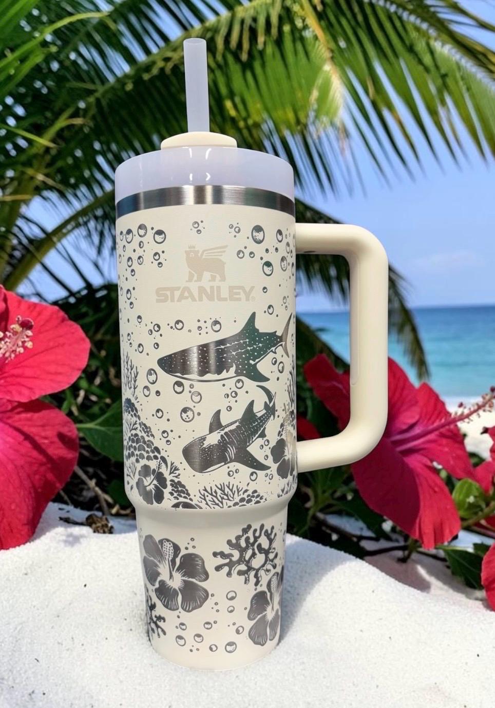 Engraved Whale Shark Stanley Tumbler: Ocean Scene Hibiscus, 30/40
