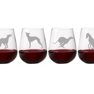 Set of 2 Etched Greyhound on Large Elegant Stemless Wine Glasses New 
