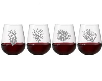 Etched Coral Stemless Wine Glasses: Beach Barware, Set of 2 or 4