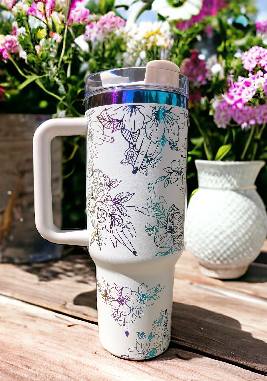 Floral Middle Finger Engraved Rainbow Tumbler, Snarky Engraved F*ck off — free download